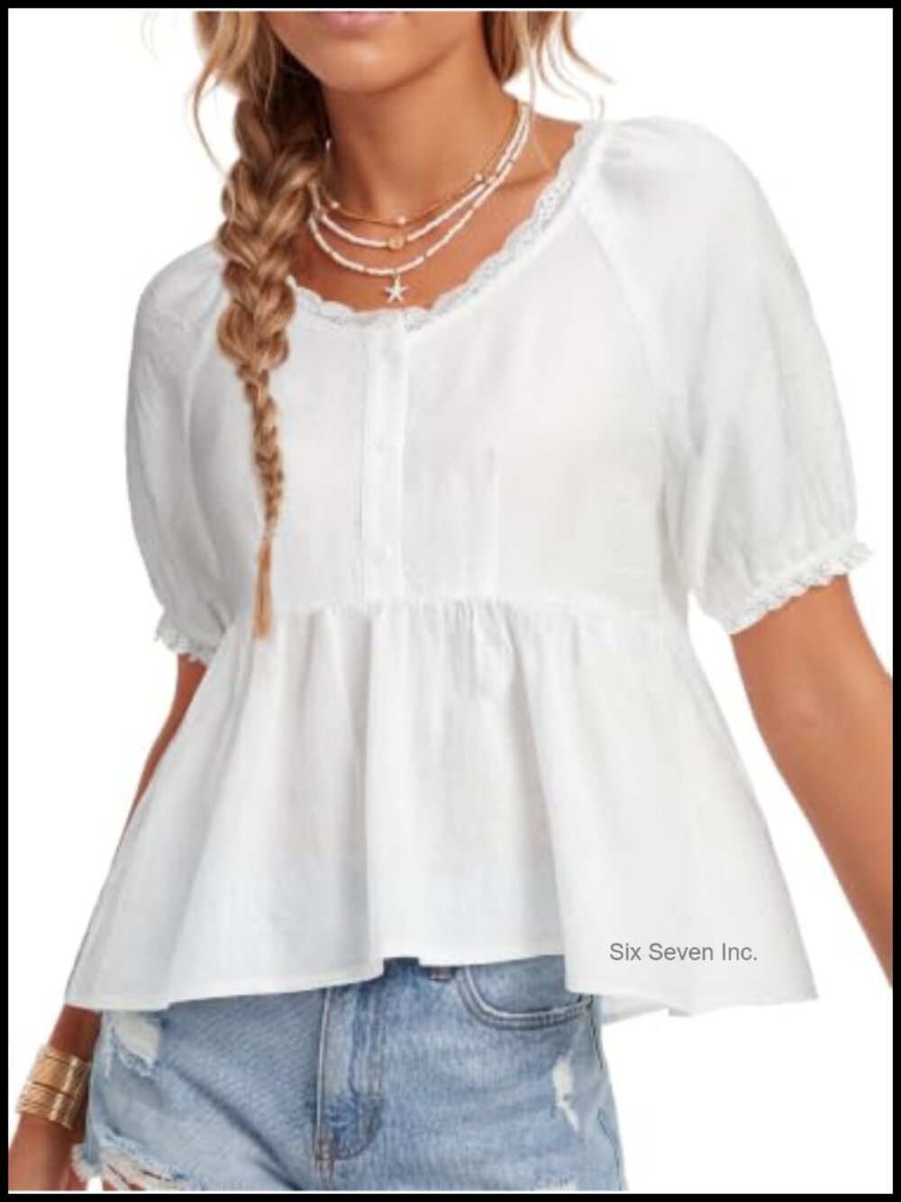 Lace Trim Boho Peplum Blouse Button Down Puff Sleeve Top